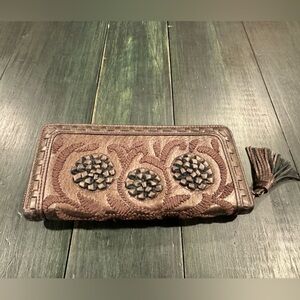 Brow Faux Leather FlyNow Zip Around Long Wallet with Tassel Zipper Pull